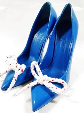 Burberry Bright Blue Patent Pointed-Toe Pumps with White Rope Bow
